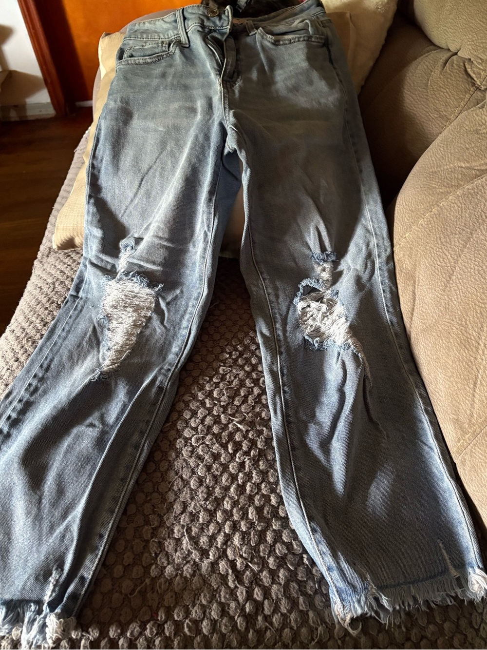 SO Women's Light Blue Distressed Straight Leg Jeans